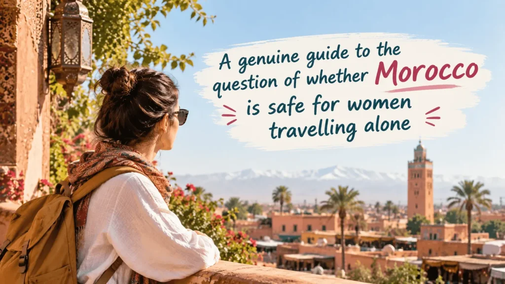 Solo female traveler with a backpack looking out over the Marrakech rooftops toward the Koutoubia minaret and Atlas Mountains