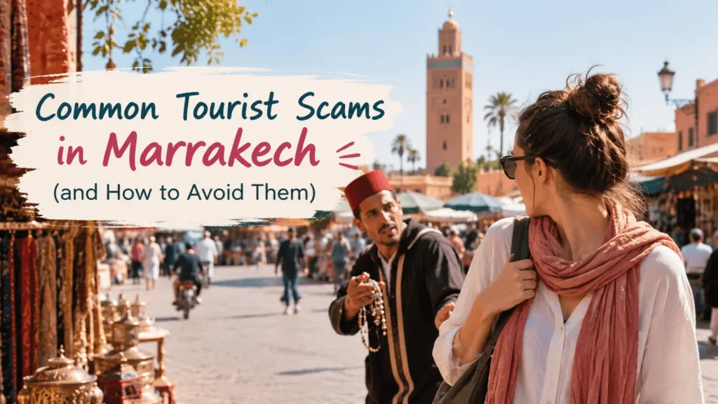 Vendor in a red fez offering jewelry to a female tourist in Jemaa el-Fnaa square with the Koutoubia minaret in the background