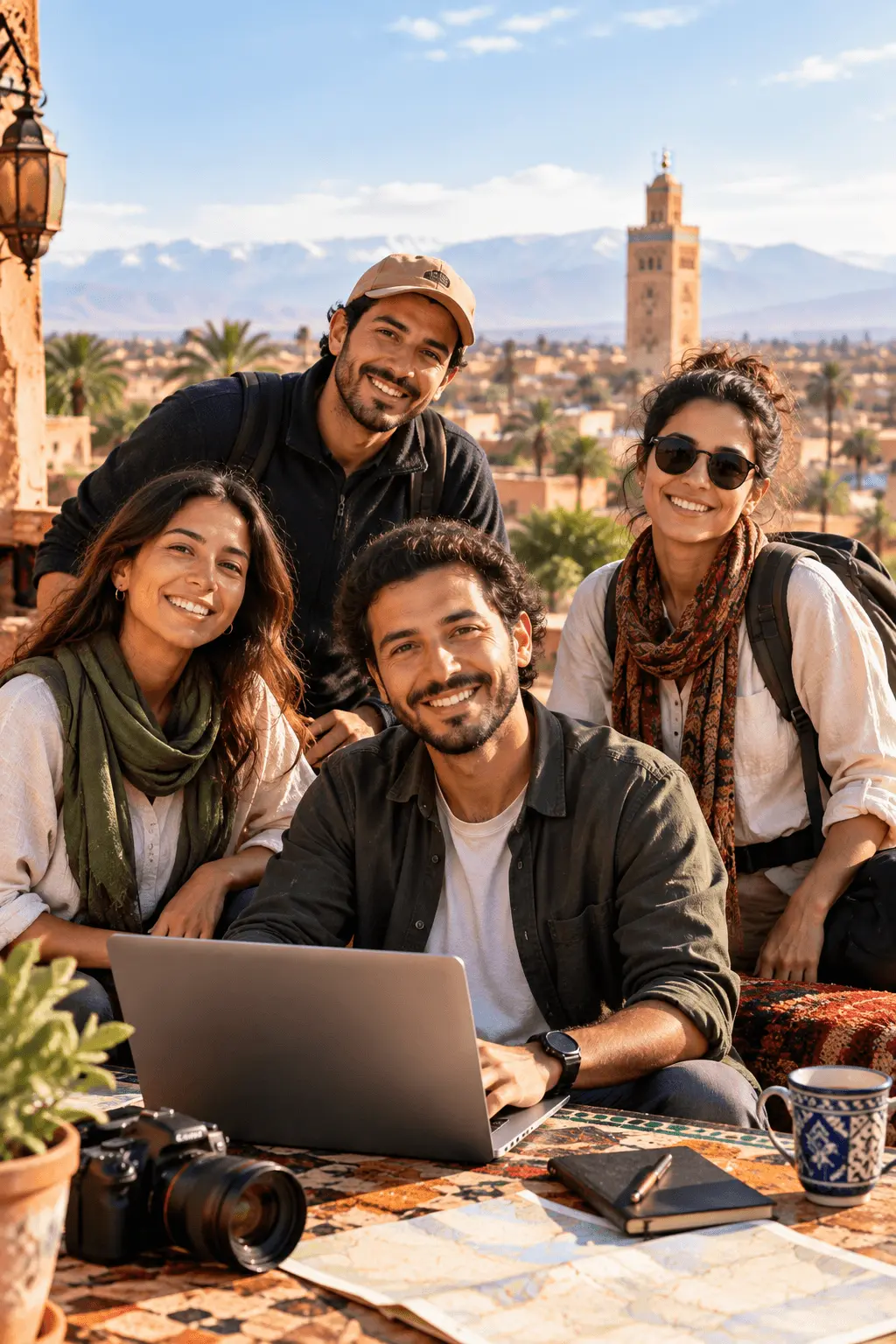 A friendly group of four travel team members smiling together on a Moroccan rooftop, with a laptop, camera, maps, and travel gear in front of them, overlooking a sunlit medina and Atlas Mountains.