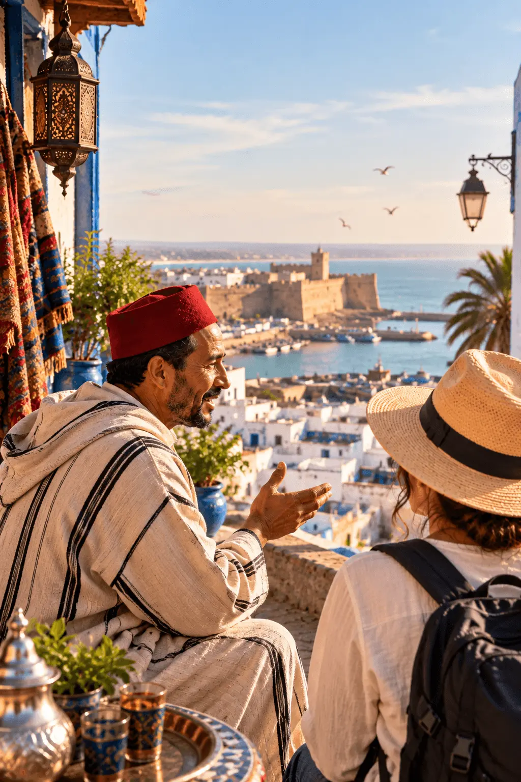 Solo traveler talking with a local Moroccan guide overlooking a coastal medina and harbor
