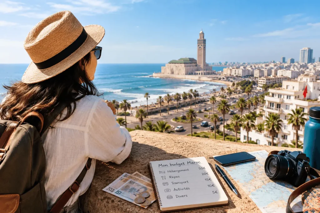 Solo female traveler with a budget notebook, dirham banknotes, map and camera overlooking Casablanca and the Hassan II Mosque