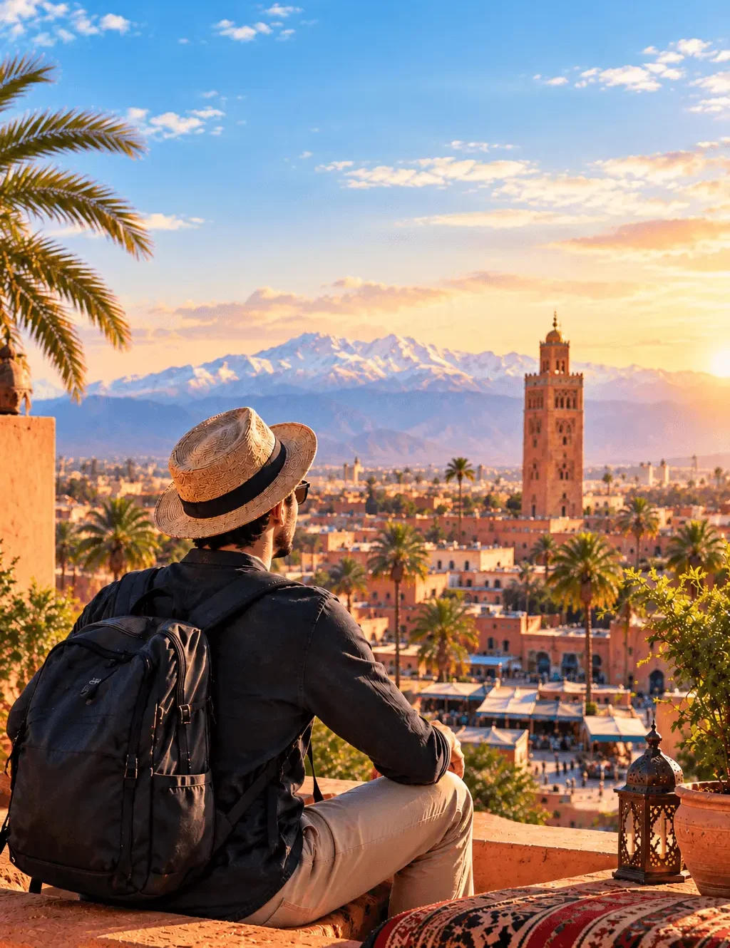 Solo male traveler in a straw hat overlooking Marrakech's Koutoubia Mosque and the Atlas Mountains at sunset