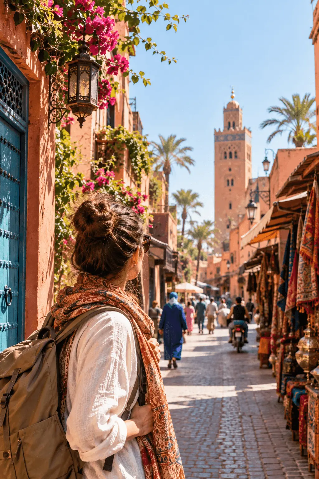 Woman with a backpack and scarf walking past bougainvillea and lanterns on a medina street with the Koutoubia minaret in the distance