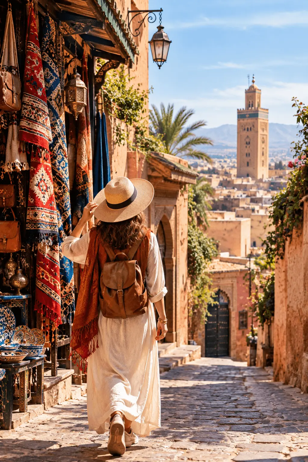 Solo female traveler in a white maxi dress, straw hat, and orange scarf walking through a Moroccan medina with a leather backpack, overlooking a minaret and mountains