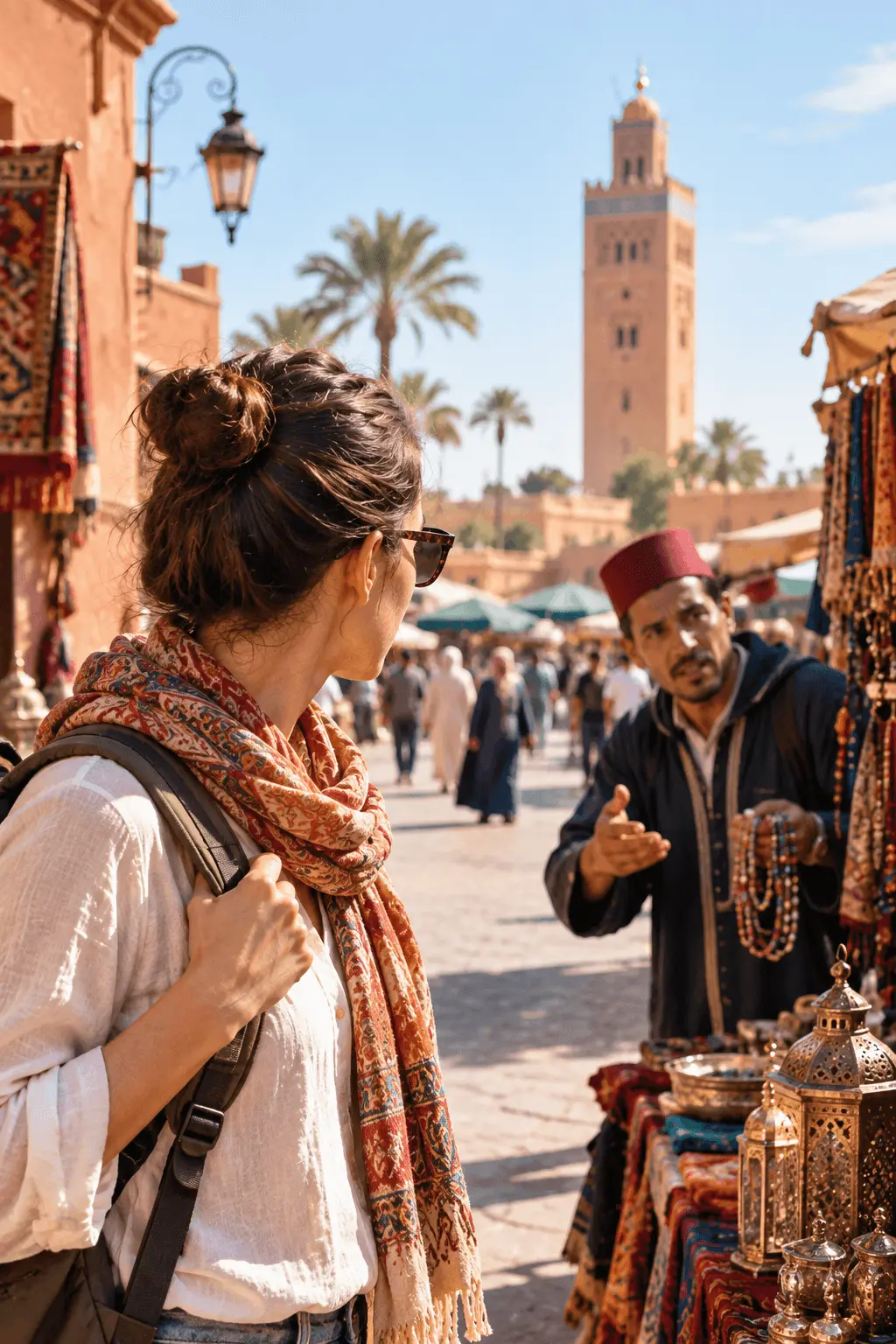 Female tourist with a backpack and scarf listening to a vendor in a red fez offering beaded bracelets at a market stall near the Koutoubia minaret