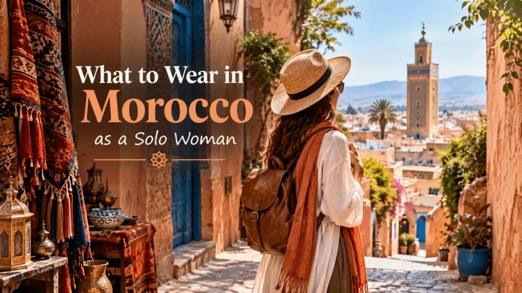 Woman in a white maxi dress and straw hat walking down a cobblestone street lined with rugs and lanterns, with a mosque minaret in the background