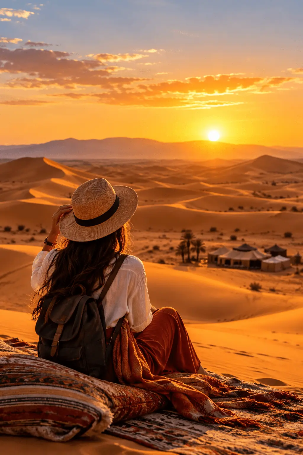 Solo female traveler in a straw hat and backpack watching the sunset over Sahara dunes near a desert camp in Morocco