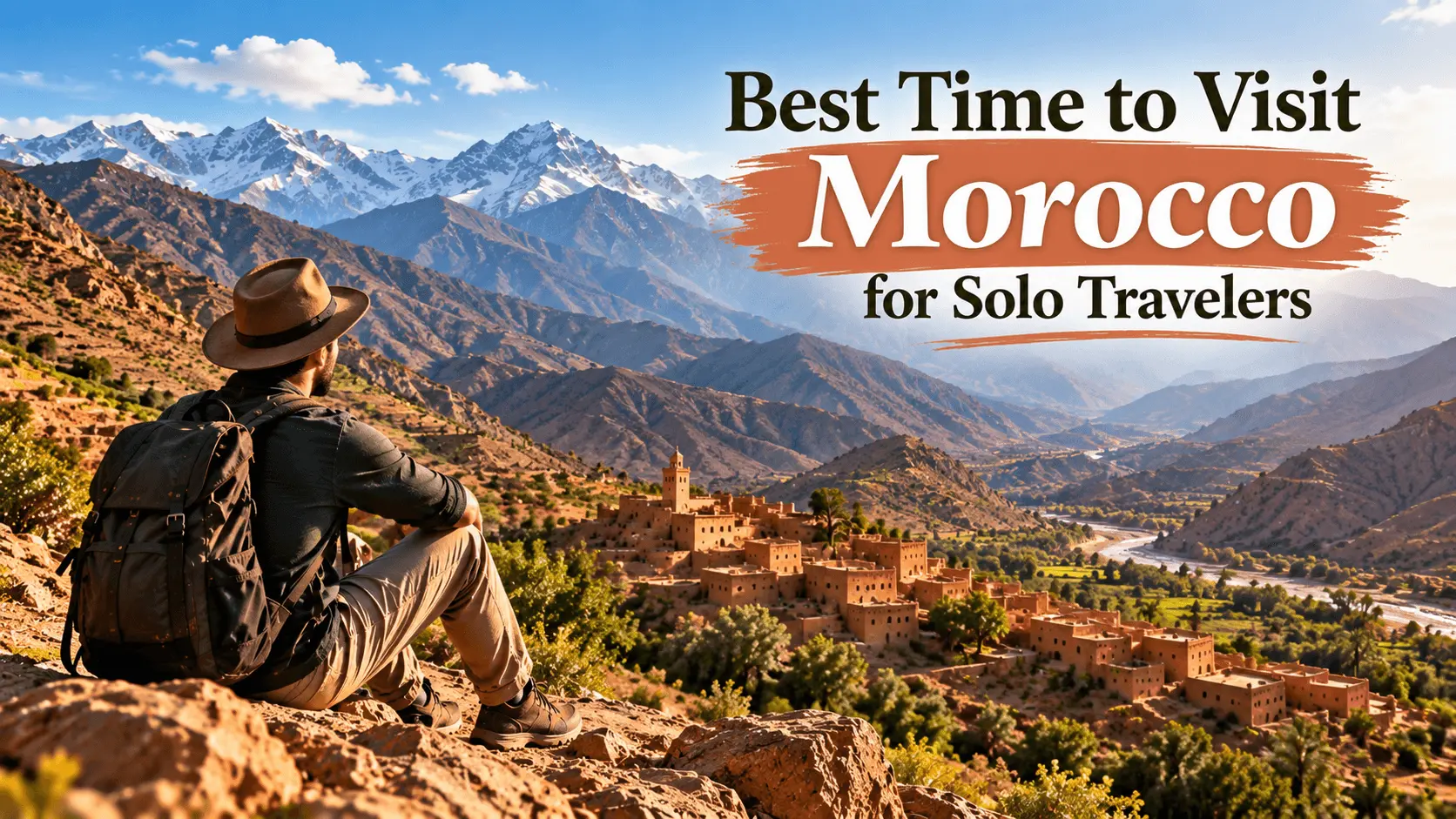 Solo hiker with a backpack and hat overlooking a traditional Berber village and snow-capped Atlas Mountains in Morocco