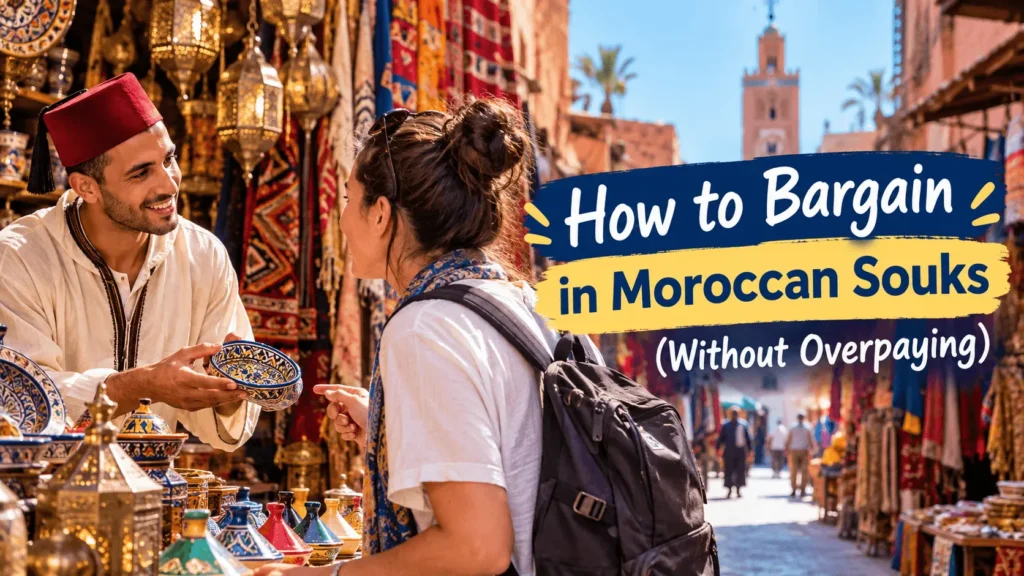 Traveler negotiating with a vendor in a colorful Moroccan souk