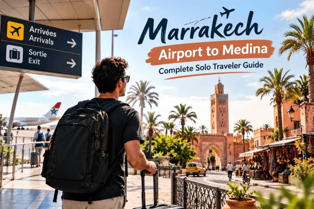 Arrivals hall at Marrakech Menara Airport with travelers and taxi signage for man