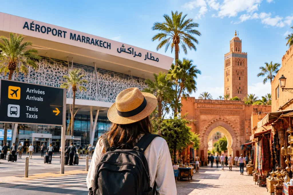Arrivals hall at Marrakech Menara Airport with travelers and taxi signage for woman