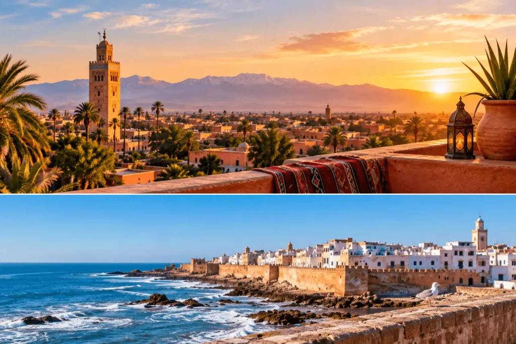 Marrakech skyline at sunset and Essaouira's coastal city walls