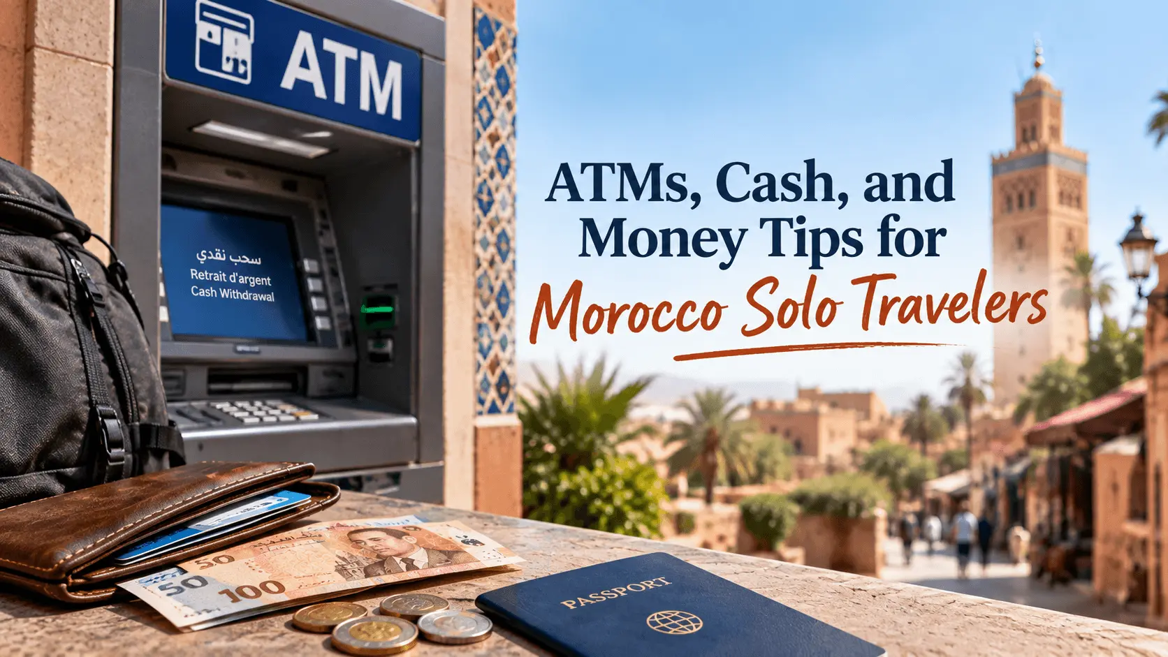 Moroccan dirham banknotes and coins laid out on a table