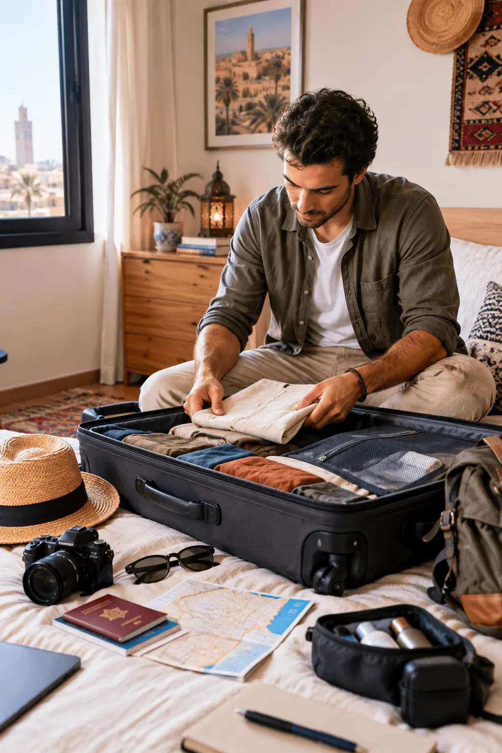 Solo traveler folding clothes into an open suitcase on a bed with a camera, straw hat, sunglasses, passport and map, with a Moroccan minaret visible through the window