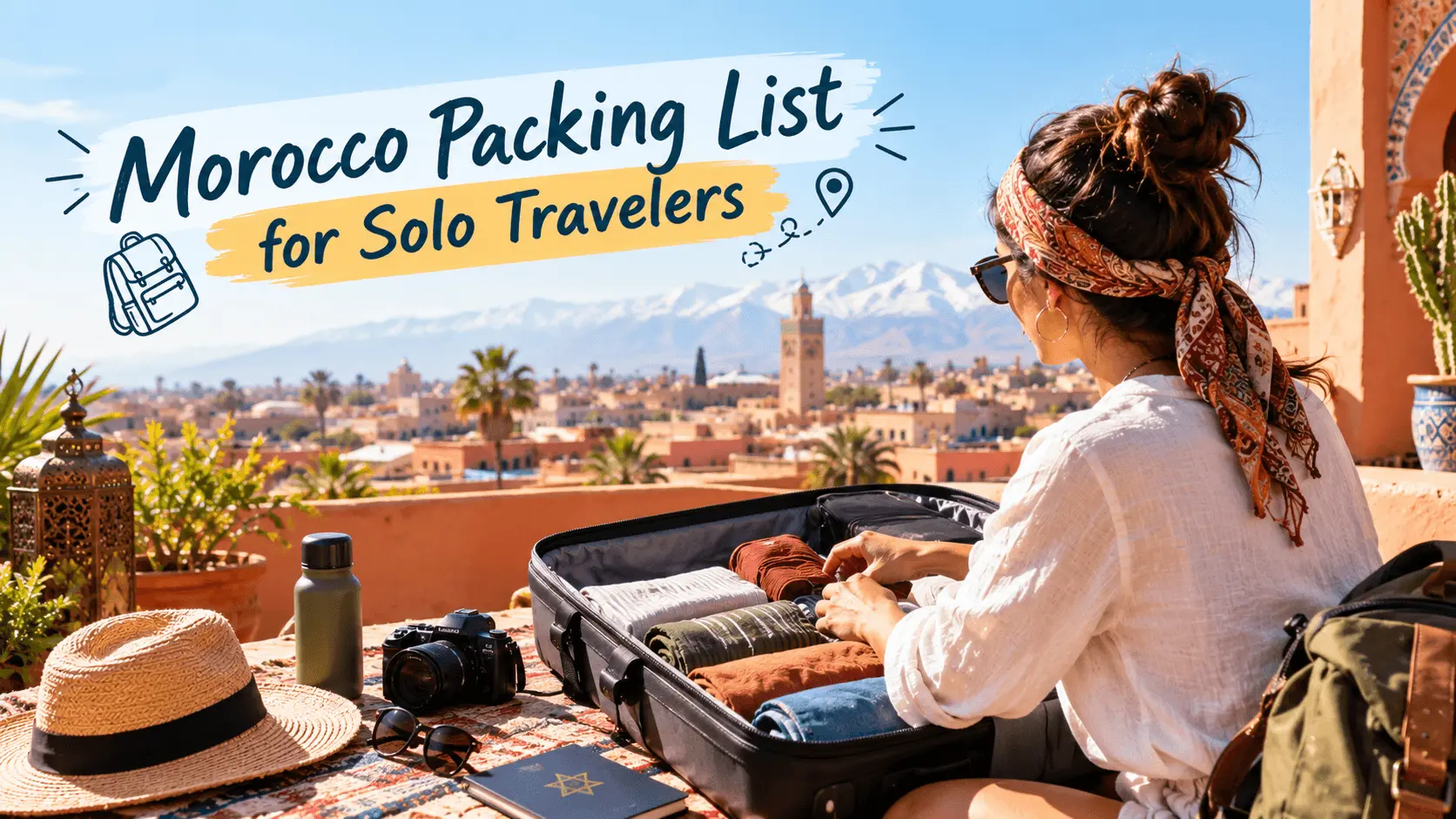 Solo female traveler packing rolled clothes into a suitcase on a Marrakech rooftop terrace with the Koutoubia minaret and snowy Atlas Mountains in the background