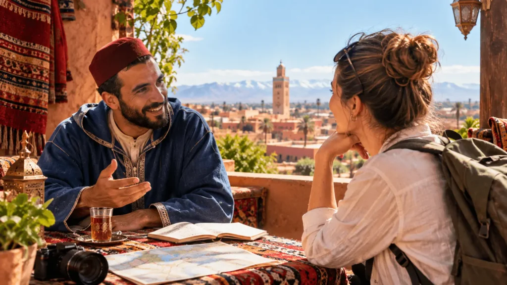 Solo female traveler enjoying mint tea and local travel advice with a Moroccan guide on a Marrakech rooftop overlooking the Koutoubia Mosque