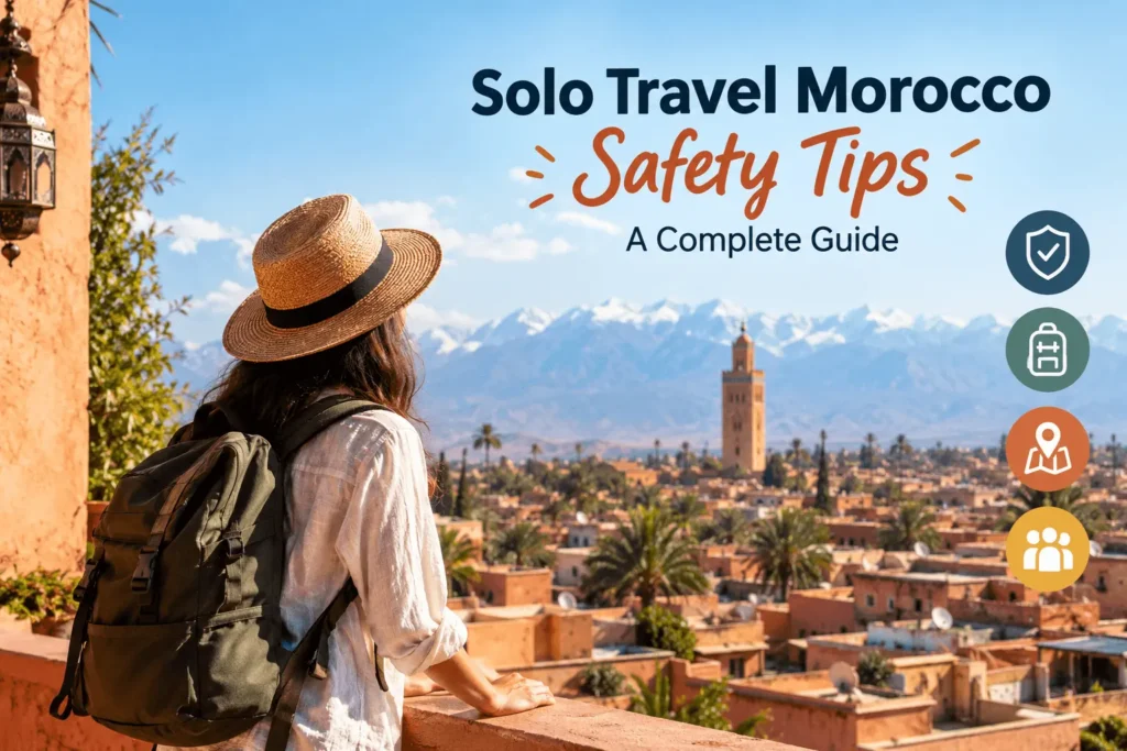 Solo female traveler overlooking Marrakech, solo travel Morocco safety tips guide