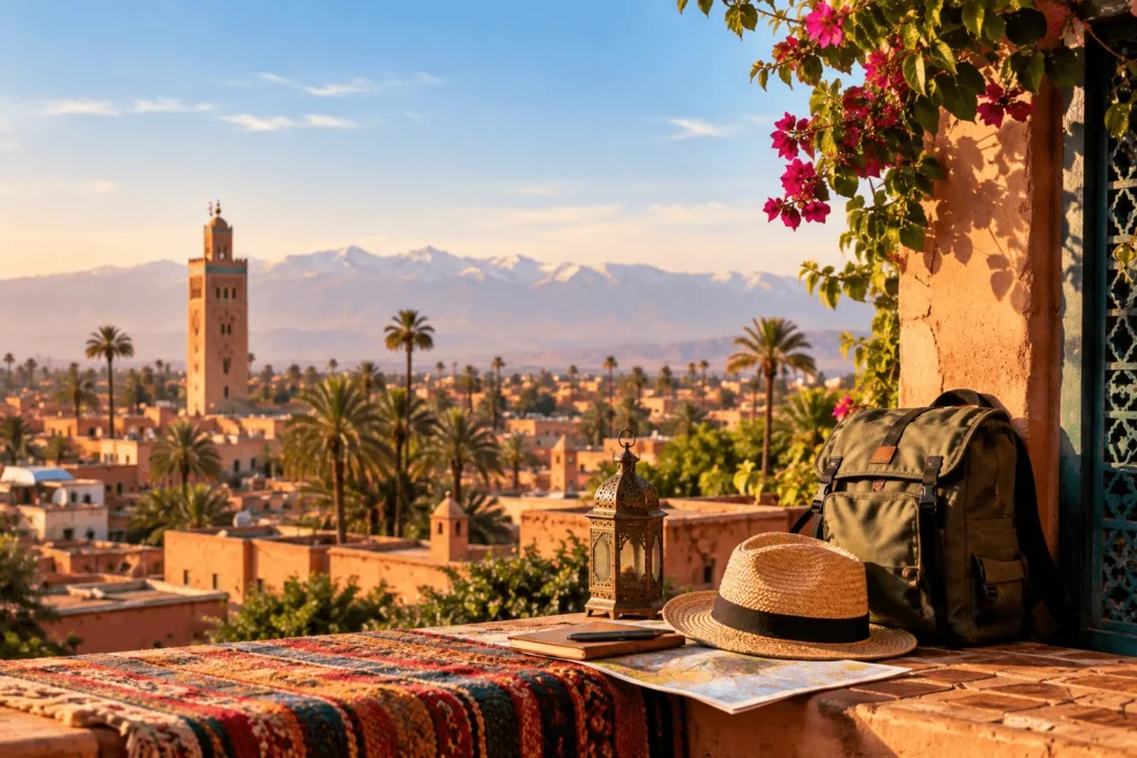 Backpack, hat, and map laid out on a Marrakech terrace overlooking the city